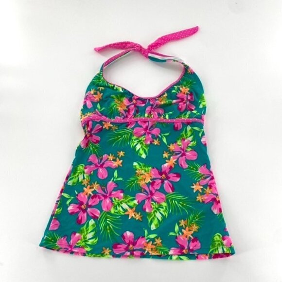 SO V Neck Halter Top Tankini Swimsuit Juniors Sz L Floral Pink Green Tropical - Picture 4 of 16